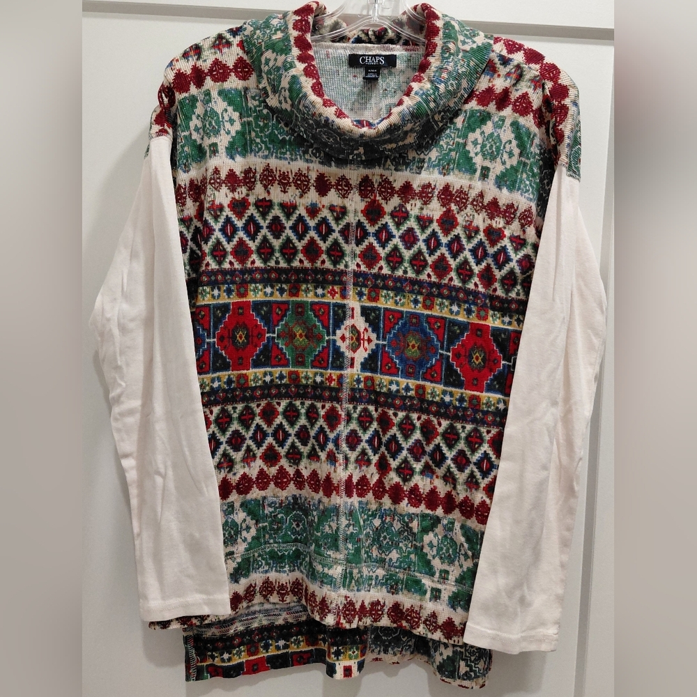 Chaps Denim Aztec Patterned Long Sleeved, Cowl Neck W/M